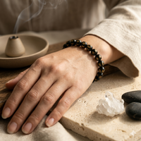 Close-up Black Om Mani Bracelet – carved Om Mani bead detail | Soulolith