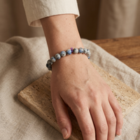 Close-up Blue K2 Azurite Crystal Bracelet – distinctive blue-white pattern | Soulolith
