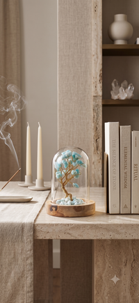Larimar Crystal Tree in a peaceful home setting – Throat Chakra | Soulolith