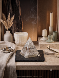Clear Quartz with Black Rutile Orgonite Pyramid styled view – Crown Chakra, Root Chakra | Soulolith