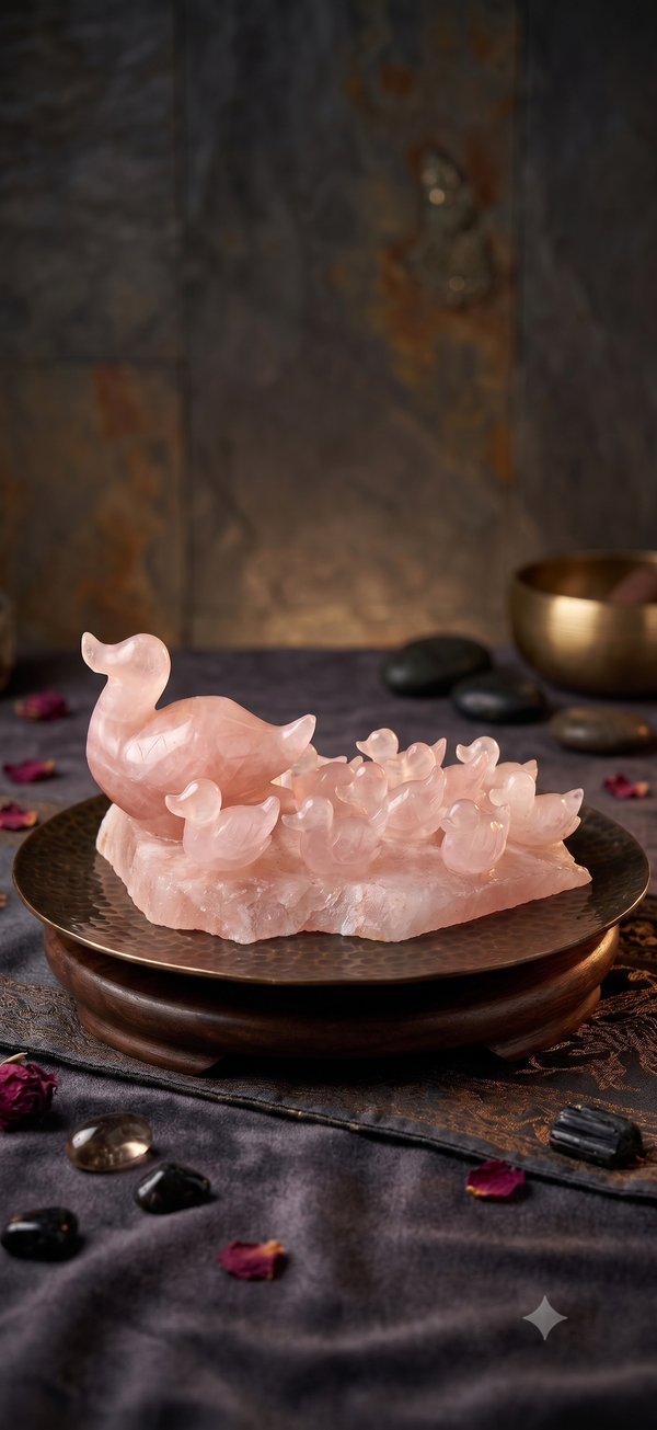 Rose Quartz duck family carving