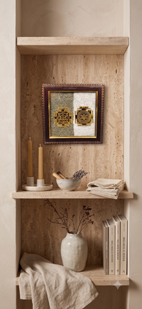 Shree Yantra (Raw Pyrite & Selenite) Frame detail view – Soulolith
