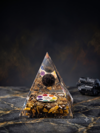 Natural Tiger Eye Orgonite Pyramid styled view – Solar Plexus Chakra, Root Chakra | Soulolith