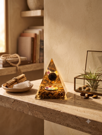 Natural Tiger Eye Orgonite Pyramid close-up – confidence, courage, grounding | Soulolith